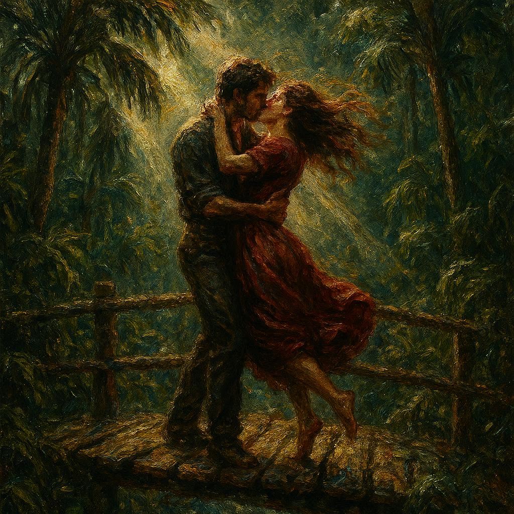 A couple embraces passionately on a rustic wooden bridge deep in a tropical jungle, the woman lifted slightly as their hair and clothing move gently. Tall palms and dense greenery surround them while beams of sunlight cut through the canopy. Dramatic lighting, rich shadows, and emotional intensity in an oil‑painting style with thick impasto texture, baroque contrast, expressive fine‑art composition,